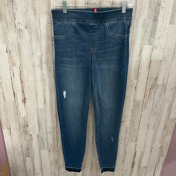 Spanx Distressed Denim High Rise Elastic Waist Jeggings Skinny Jeans Medium - Picture 1 of 8